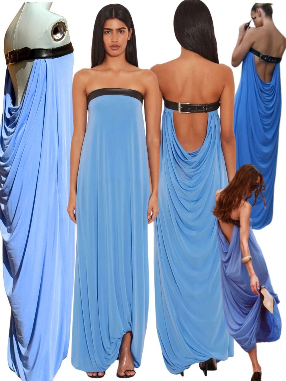 🆕 RAT & BOA 🧿 NWOT Antonie Blue Draped Maxi Dress with Leather Belt, Sz XXS/XS